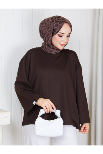1907 Premium Oysho Kumaş Salaş Kesim Bisiklet Yaka Tunik –Acıkahve