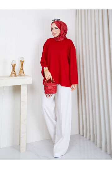1907 Premium Oysho Kumaş Salaş Kesim Bisiklet Yaka Tunik – Kırmızı
