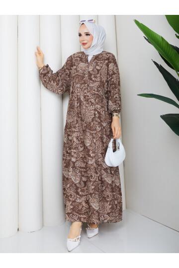 2398 Mango Desenli Salaş Elbise-Kahve