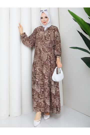2398 Mango Desenli Salaş Elbise-Kahve