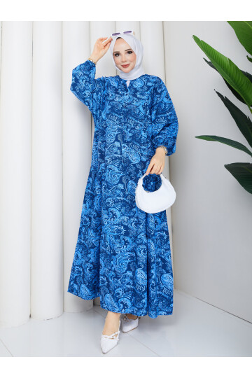2399 Mango Desenli Salaş Elbise-Lacivert