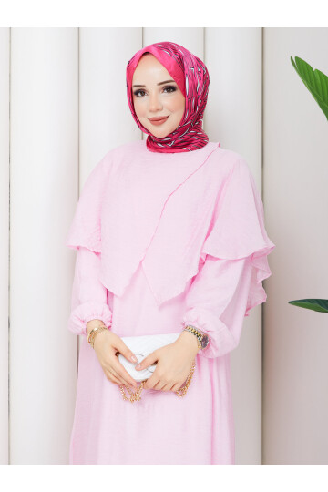 2442 Vual Pelerinli Elbise-Toz Pembe