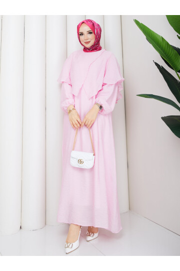 2442 Vual Pelerinli Elbise-Toz Pembe