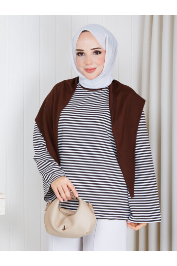 2828 Şal Detaylı Çizgili Oysho Kumaş Sweat – Kahve-Beyaz çizgili
