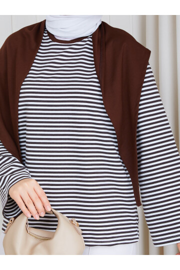 2828 Şal Detaylı Çizgili Oysho Kumaş Sweat – Kahve-Beyaz çizgili