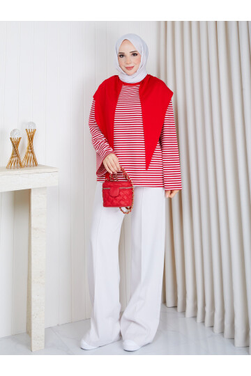 2828 Şal Detaylı Çizgili Oysho Kumaş Sweat – Kırmızı/Beyaz