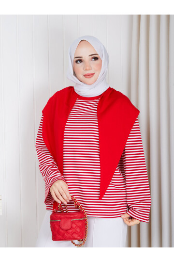 2828 Şal Detaylı Çizgili Oysho Kumaş Sweat – Kırmızı/Beyaz