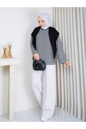 2828 Şal Detaylı Çizgili Oysho Kumaş Sweat – siyah beyaz çizgili