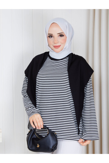 2828 Şal Detaylı Çizgili Oysho Kumaş Sweat – siyah beyaz çizgili