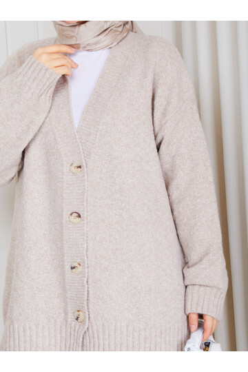 3001 Soft Touch Düğmeli Oversize Triko Hırka – Bej