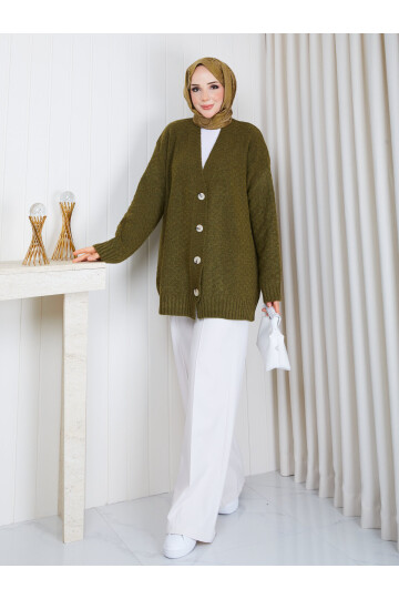 3003 Soft Touch Düğmeli Oversize Triko Hırka –Haki