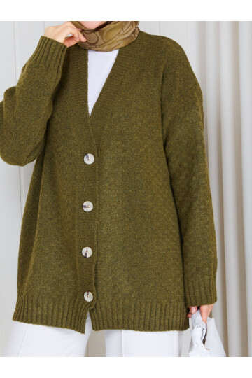 3003 Soft Touch Düğmeli Oversize Triko Hırka –Haki