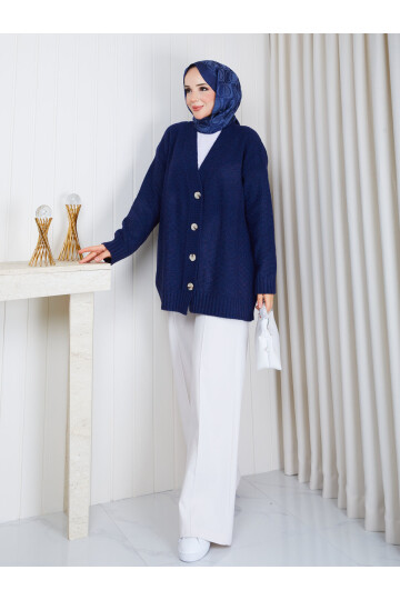 3004 Soft Touch Düğmeli Oversize Triko Hırka – Lacivert