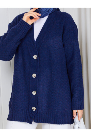 3004 Soft Touch Düğmeli Oversize Triko Hırka – Lacivert
