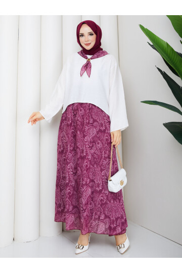 3468 Fularlı Etekli Takım-Bordo