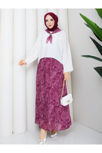 3468 Fularlı Etekli Takım-Bordo