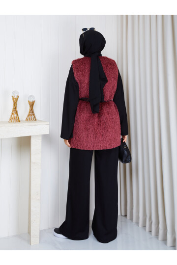 4003 Bordo Kemerli Kürk Yelek