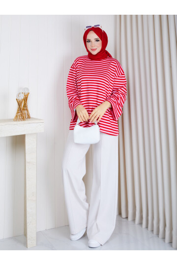 6001 Pembe kırmızı  Oversize Oysho Kumaş Bluz