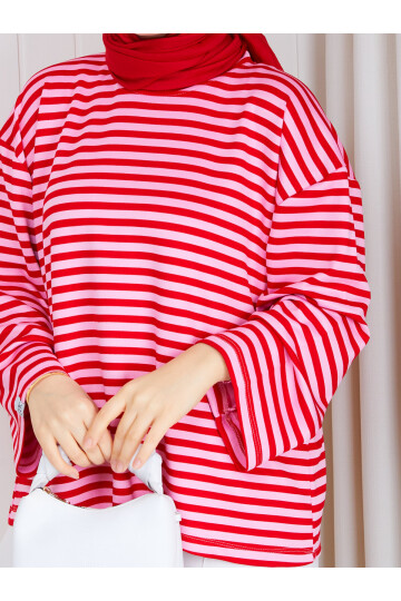 6001 Pembe kırmızı  Oversize Oysho Kumaş Bluz