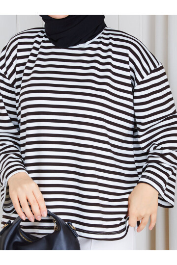 6002 Siyah Beyaz Çizgili Oversize Oysho Kumaş Bluz