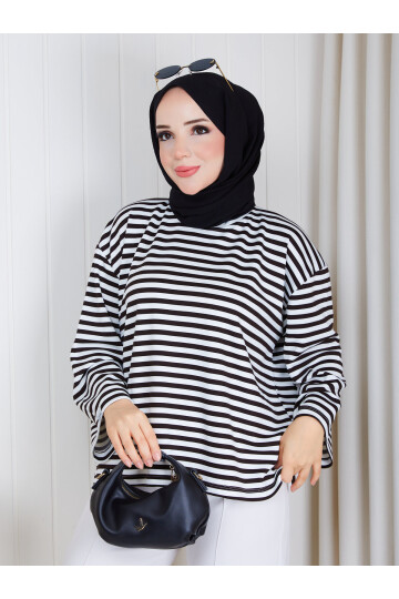 6002 Siyah Beyaz Çizgili Oversize Oysho Kumaş Bluz