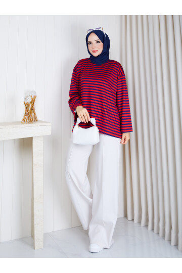6004 Kırmızı Lacivert  Çizgili Oversize Oysho Kumaş Bluz