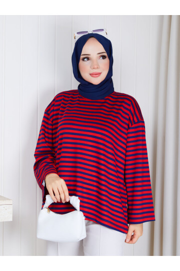6004 Kırmızı Lacivert  Çizgili Oversize Oysho Kumaş Bluz