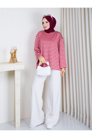 6006 Bordo Pembe Çizgili Oversize Oysho Kumaş Bluz