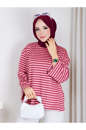 6006 Bordo Pembe Çizgili Oversize Oysho Kumaş Bluz