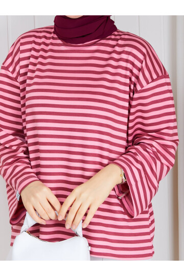 6006 Bordo Pembe Çizgili Oversize Oysho Kumaş Bluz