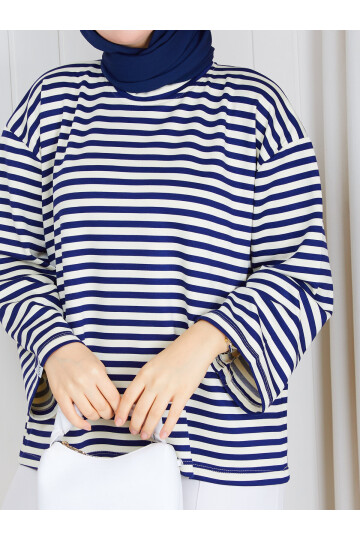 6007 Lacivert Ekru Çizgili Oversize Oysho Kumaş Bluz