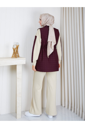 7003 Bordo Kapitone Yelekli 3’lü Spor Takım – Taş-Bordo