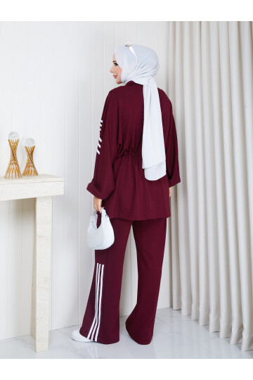 886-Fermuarlı Şeritli Takım-Bordo