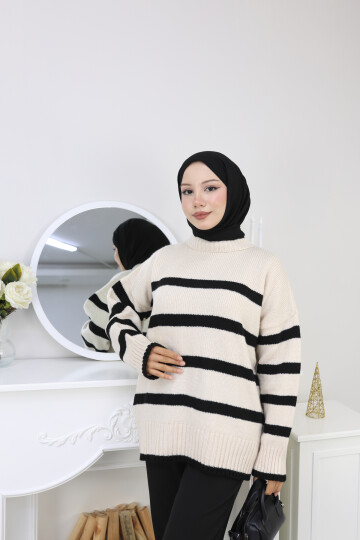 AKD ÇİZGİLİ SALAŞ KAZAK -KREM