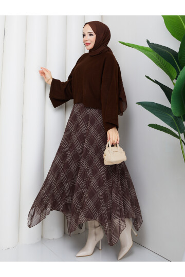 ASİMETRİK ETEK CROP KAZAK KOMBİN - ACI KAHVE