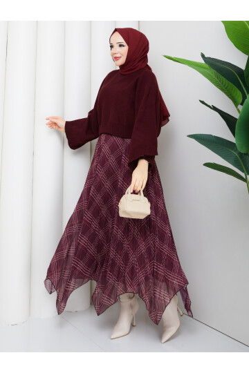 ASİMETRİK ETEK CROP KAZAK KOMBİN - BORDO