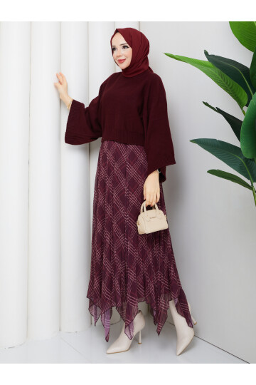 ASİMETRİK ETEK CROP KAZAK KOMBİN - BORDO