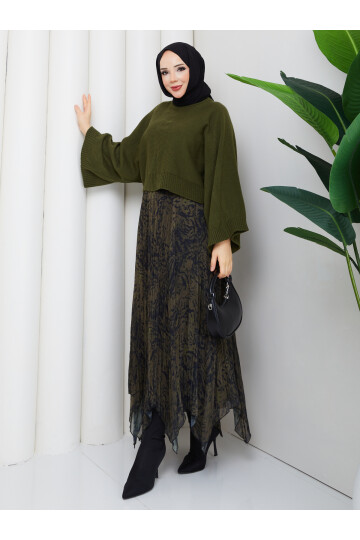 ASİMETRİK ETEK CROP KAZAK KOMBİN - YEŞİL