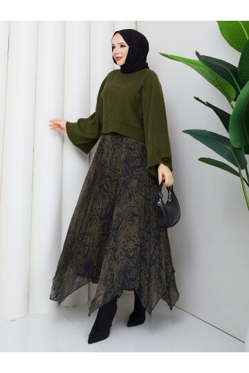 ASİMETRİK ETEK CROP KAZAK KOMBİN - YEŞİL