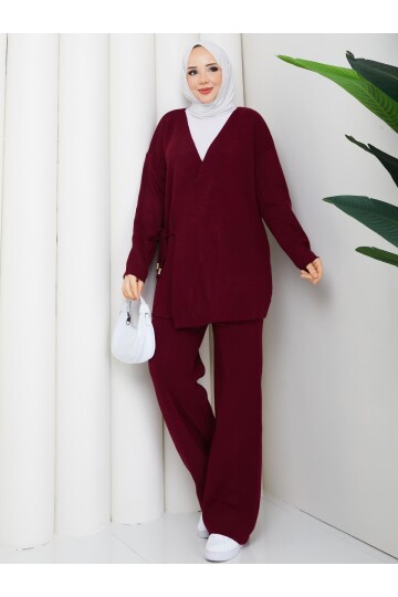 BAĞCIK DETAY TRİKO TAKIM -BORDO