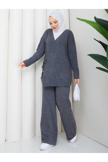 BAĞCIK DETAY TRİKO TAKIM -GRİ