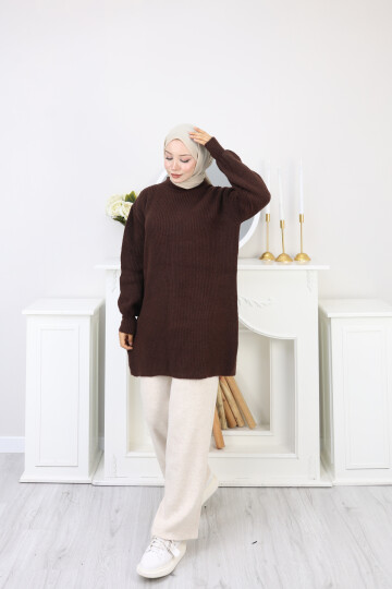 BALON KOL DÜZ KAZAK -ACI KAHVE