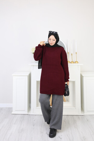 BALON KOL DÜZ KAZAK -BORDO