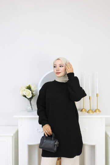 BALON KOL DÜZ KAZAK -SİYAH