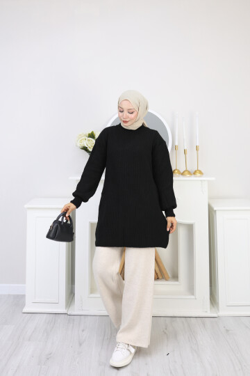 BALON KOL DÜZ KAZAK -SİYAH