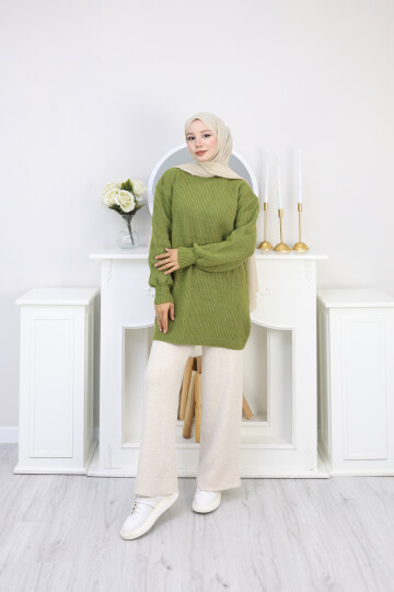 BALON KOL DÜZ KAZAK -YEŞİL