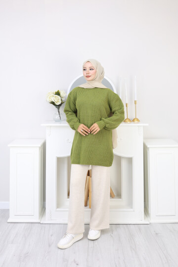 BALON KOL DÜZ KAZAK -YEŞİL