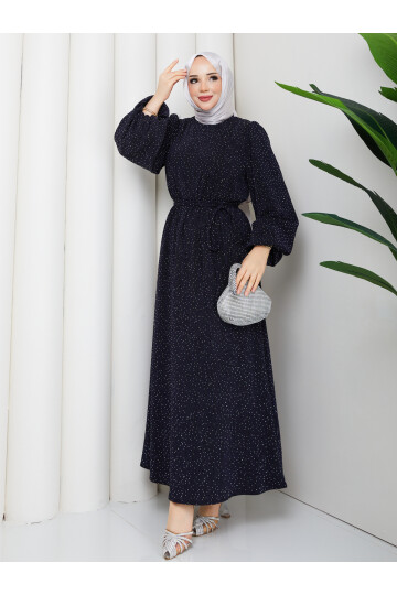 BALONKOL TAŞLI NOBEL ELBİSE - LACİVERT