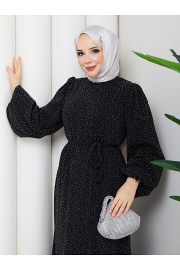 BALONKOL TAŞLI NOBEL ELBİSE - SİYAH