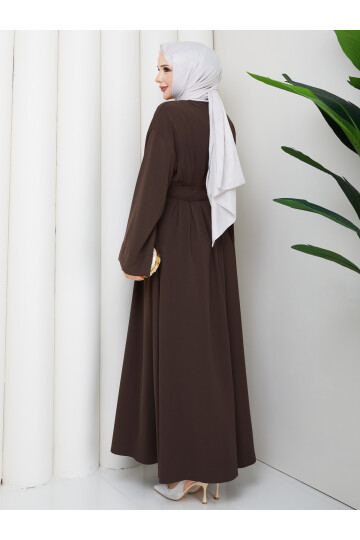 BEL BAĞCIK DETAY ELBİSE - ACI KAHVE